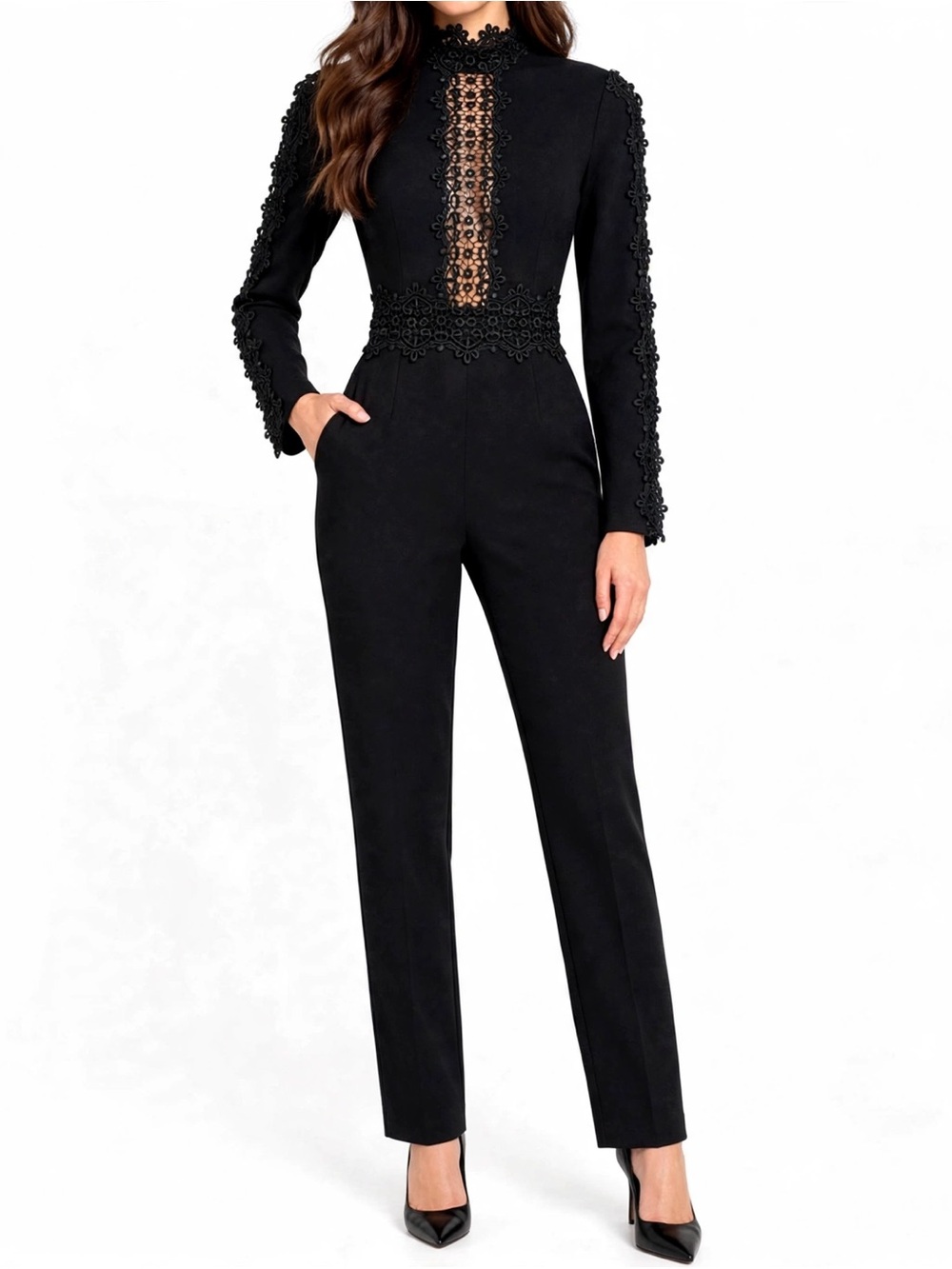 French Connection Black Lace-Front Long Sleeve Jumpsuit